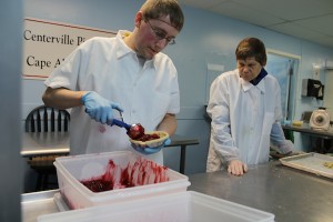 CCB MEDIA PHOTO Bryan Kent layers cherry filling into pie crust, the first step in making American flag pies.