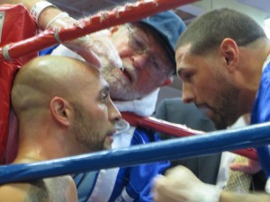 CCB MEDIA PHOTO: Paul Gonsalves is tended to by his corner team during his match Saturday night in Hyannis