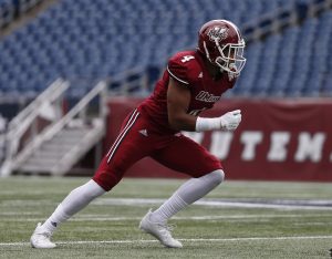 Massachusetts defensive back Randall Jette in action during the second quarter of an NCAA college football game against Akron in Foxborough, Mass., Saturday, Nov. 7, 2015. (AP Photo/Michael Dwyer)
