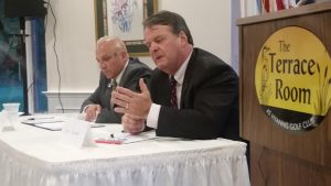 CCB MEDIA PHOTO: Republican candidates for Cape & Islands State Senate, Anthony Schiavi (l) and Jim Crocker (r), appear at a debate Tuesday in Hyannis.