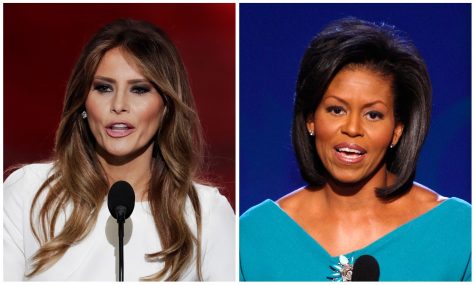 In this combination of photos, Melania Trump, left, wife of Republican Presidential Candidate Donald Trump, speaks during the opening day of the Republican National Convention in Cleveland, Monday, July 18, 2016, and Michelle Obama, wife of Democratic presidential candidate, Sen. Barack Obama, D-Ill., speaks at the Democratic National Convention in Denver, Monday, Aug. 25, 2008. Melania Trump's well-received speech Monday to the Republican National Convention contained passages that match nearly word-for-word the speech that first lady Michelle Obama delivered in 2008 at the Democratic National Convention. (AP Photos)