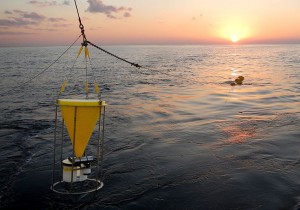 COURTESY OF WOODS HOLE OCEANOGRAPHIC INSTITUTION Researchers deployed time-series sediment traps 115 kilometers (approximately 70 miles) southeast of the nuclear power plant at depths of 500 meters (1,640 feet) and 1,000 meters (3,280 feet). The two traps began collecting samples on July 19, 2011—130 days after the March 11th earthquake and tsunami—and were recovered and reset annually.