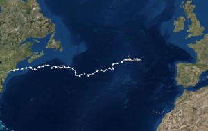 COURTESY OF SARAHOUTEN.COM A photo tracking Sarah Outen's trip across the Northern Atlantic Ocean. Outen left Chatham on May 14 and is now 1,000 from home.
