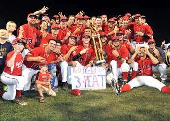 COURTESY OF THE CAPE COD BASEBALL LEAGUE: The Yarmouth-Dennis Red Sox celebrate their third straight Cape Cod League championship. (photo by SportsPix)