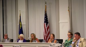 CCB MEDIA PHOTO Barnstable Town Council members vote to hire an outside search firm to conduct a global search for a new town manager. Pictured, from left, Philip Wallace, Ann Canedy, Jessica Rapp-Grassetti, Jennifer Cullum, Sara Cushing and James Crocker.