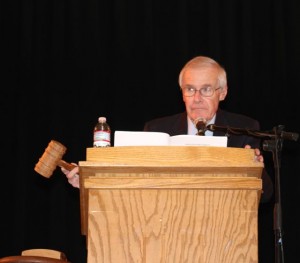 CCB MEDIA PHOTO Bourne Town Moderator Robert Parady threatens to gavel someone who he said was out of order at the Bourne Special Town Meeting