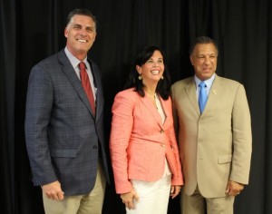 CCB MEDIA PHOTO Bridgewater State University President-Elect Fred Clark, Bridgewater Cape Cod campus Director Jennifer True, and Bridgewater State University President Dana Mohler-Faria pose at the ribbon-cutting ceremony.