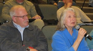 CCBMEDIA PHOTO Mimi McConnell of Cotuit asks about the process of deciding whether there should be a third bridge over the canal at a meeting about the Cape Cod Canal Transportation Study at Massachusetts Maritime Academy on January 15.