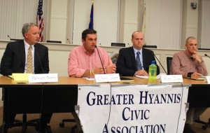 CCB MEDIA PHOTO Candidates running for two seats on the Barnstable School Committee are, from left, incumbents, Patrick Murphy and Christopher Joyce and challengers Mike Judge and Peter Bertling. Nora Montiero did not attend the forum.