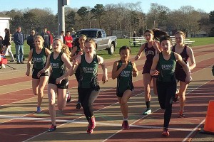 Dennis-Yarmouth Regional High School 8th grade track star Carly Coughlin (far right) returned to what she does best on April 28, following emergency brain surgery on Super Bowl Sunday. Photo courtesy of Jim Hoar