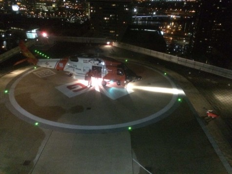 A Coast MH-60 Jayhawk helicopter lands at Massachusetts General Hospital Tuesday, Feb. 16, 2016. The helicopter crew transported a patient from Martha’s Vineyard Hospital.