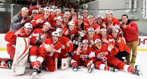 Boston University staged a major upset of the top-ranked Boston College Eagles Sunday afternoon  at the Hyannis Youth & Community Center, taking home the 4th straight Women's Hockey East title. Photo by Eric Cunha/Courtesy of Hockey East