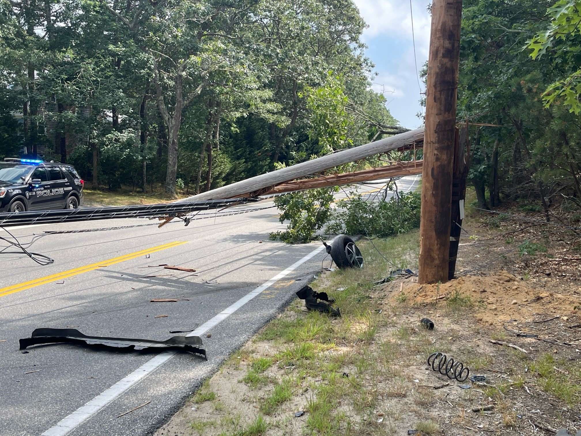 Car vs pole closes Route 124 in Brewster