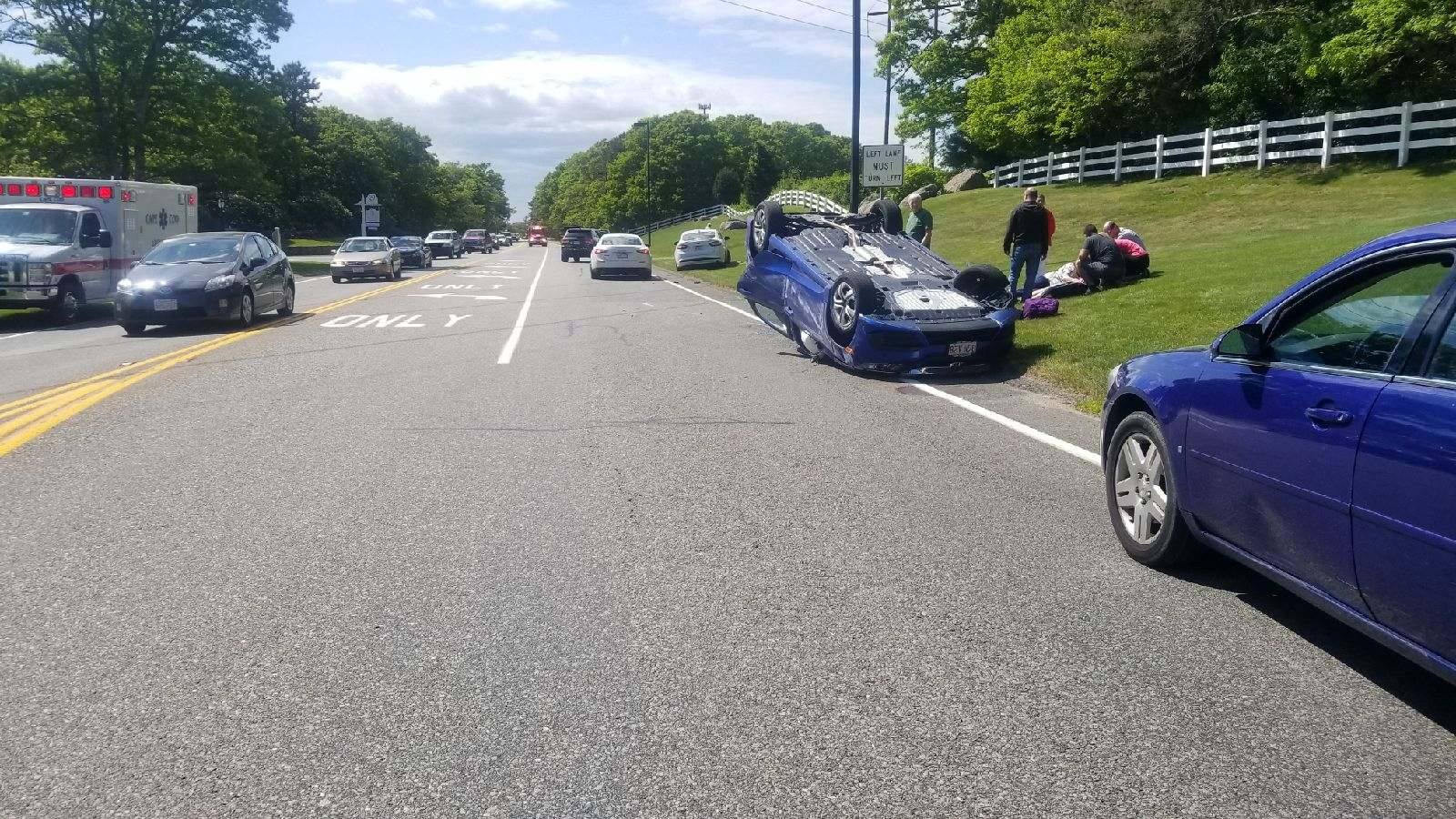 Crash leaves vehicle on its roof in Falmouth
