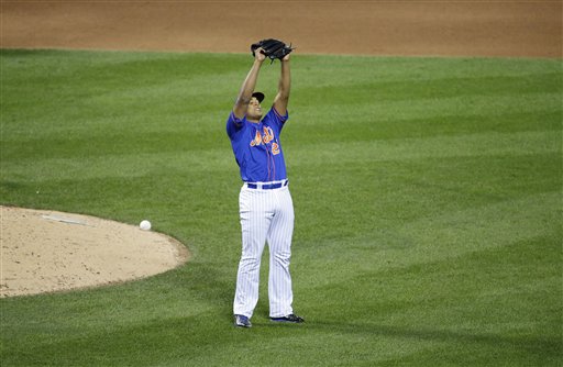 New York Mets' Jeurys Familia reacts after Game 1 of the National League baseball championship series against the Chicago Cubs Saturday, Oct. 17, 2015, in New York. The Mets won 4-2 to take a 1-0 lead in the series. (AP Photo/Frank Franklin II)