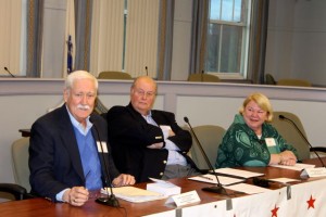 CCB MEDIA PHOTO Len Gobeil and Deborah Krau are running for moderator. Bob Ciolek, center, was moderating the candidates' session.