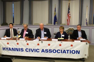 CCB MEDIA PHOTO Candidates for two seats on the Hyannis Fire District gather for a forum. From left, Demetrius Atsalis, Victor Skende, Laura Cronin and Chris Kehoe are running for election. Bob Ciolek, center, was acting as moderator.
