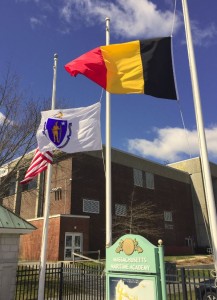 Belgian Flag flies at half-staff along with American flag at Mass Maritime Academy