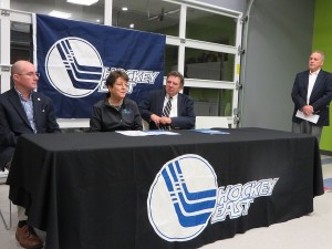 CCB MEDIA PHOTO Hyannis Youth & Community Center Manager Joe Izzo along with Patti Lloyd of the Cape Cod Chamber of Commerce, Barnstable Town Manager Thomas Lynch and the town of Barnstable's Economic Development Specialist Michael Trovato gather to  welcome officials from Hockey East.