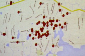 CCB MEDIA PHOTO Barnstable Police Chief Paul MacDonald showed a map that he said indicates the number of social service agencies clustered in Hyannis center.