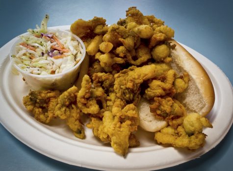 Authentic New England clam roll with coleslaw. Vignetted for emphasis.