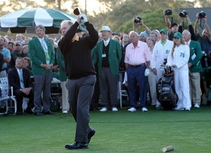 Jack Nicklaus during the first round of the 2010 Masters Tournament at Augusta National Golf Club on April 8, 2010 in Augusta, Georgia.