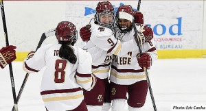 Junior defenseman Kaliya Johnson scored a goal for the Eagles in yesterday's WHEA semifinal opener at the Hyannis Youth & Community Center. Photo by Eric Canha/Courtesy of Hockey East