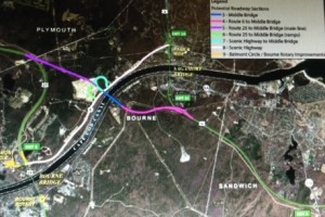 One of MassDOT's draft plans for a third crossing over the Cape Cod Canal would put the bridge about halfway between the two bridges.