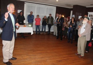 CCB MEDIA PHOTO Matt Patrick speaks to a room of supporters at Oysters Too in East Falmouth at his campaign kick-off Friday evening.