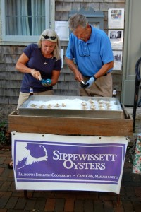 COURTESY WOODS HOLE HISTORICAL MUSEUM Volunteers shuck oysters at an event featuring Sippewissett Oysters.