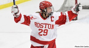 Boston University's Marie-Philip Poulin notched a hat trick last night against Northeastern in the Hockey East women's semifinal at the Hyannis Youth & Community Center. Her Terriers will face Boston College today in Hyannis at 1:30 pm. Photo by Eric Canha/Courtesy of Hockey East