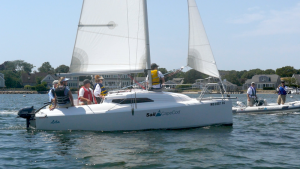 COURTESY SAIL CAPE COD Sail Cape Cod's new boat Lila is designed to be sailed by people with disabilities.