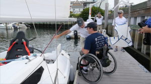 COURTESY SAIL CAPE COD Craig Bauz, who founded an adaptive sports company on the Cape, arrives at the dock to sail on the Lila.