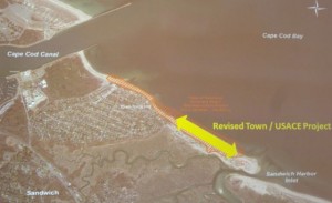 CCB MEDIA PHOTO Sandwich Town Manager Bud Dunham used this slide to present the revised plan for putting sand dredged from the Cape Cod Canal onto Town Neck Beach.