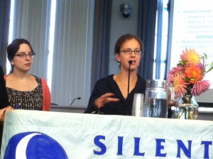 Dr. Laurel Schaider, right, and Janet Ackerman give a presentation at Barnstable Town Hall yesterday.