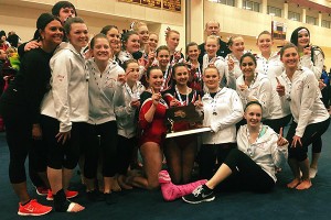 The Barnstable High School gymnastics team captured its third straight and 11th overall state championship title last night and will now vye for its 4th New England crown next week. Photo courtesy of Jillian Pacheco