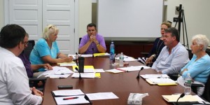 CCB MEDIA PHOTO A new Barnstable Town Council Subcommittee called the Town Manager Search Committee, meets about the best way to conduct a town manager search. From left, Human Resources Director Bill Cole, with his back to camera, makes a presentation about hiring processes, as Town Councilors Paul Hebert, Ann Canedy, Eric Steinhilber, Sara Cushing and James Crocker, along with Phyllis Miller and, not pictured, John Crow, listen.