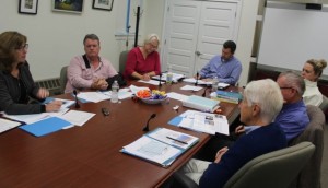 CCB MEDIA PHOTO The Barnstable Town Manager Search Committee listens to a presentation from Joellen Earl, a former assistant town manager in Barnstable who now runs a search firm. Committee members pictured from left counter clockwise around the table, are town councilors James Crocker, Ann Canedy, Eric Steinhilber, Sara Cushing, Paul Hebert and at large member Phyllis Miller.