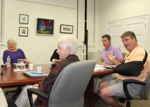 CCB MEDIA PHOTO Town Councilor James Crocker, at right, takes issue with councilors who say the town manager search process has been flawed. Behind him is Town Councilor Erik Steinhilber, chairman of the search committee. Town Councilor Ann Canedy is at left and at large search committee member Phyllis Miller of Cotuit is at center. Not pictured are committee members Town Councilor Paul Hebert, committee vice chair Sara Cushing, and at large member John Crow.