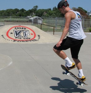 Zack Frazier skates at the park renamed after his friend, the Kevin J. Fitzgerald SK8 Park in Wellflleet.